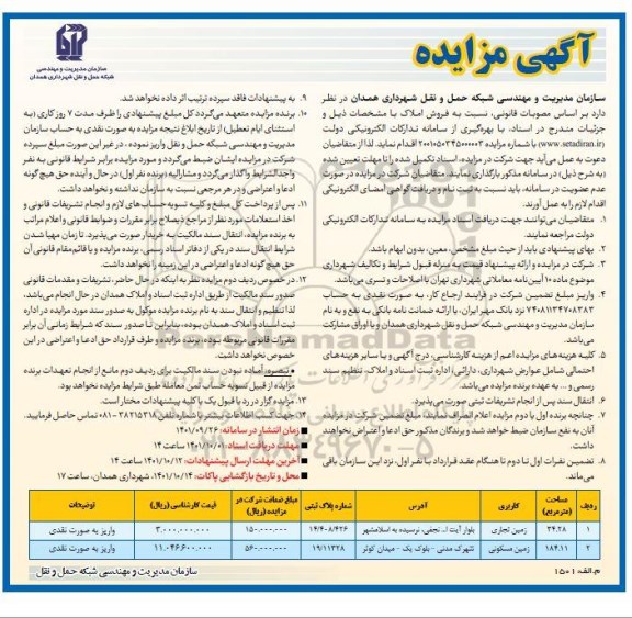 مزایده فروش املاک با کاربری زمین تجاری و زمین مسکونی به پلاک ثبتی 14.408.426 و 19.11328