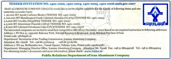 مناقصه 30,000 MT Anode Carbone Blocks (TENDER NO. 1401-1002)...