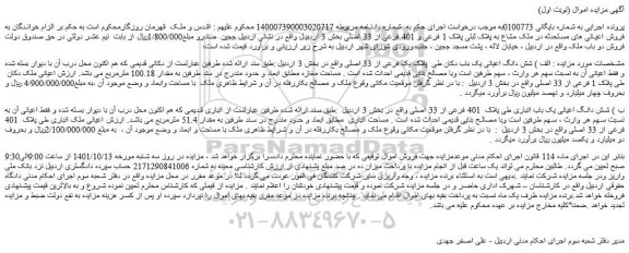 مزایده فروش الف ) شش دانگ اعیانی یک باب دکان طی  پلاک یک فرعی از 33 اصلی 