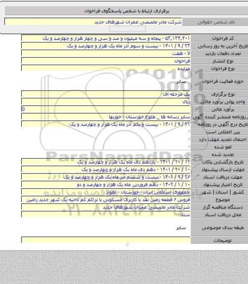 مزایده, فروش ۶ قطعه زمین نقد با کاربری مسکونی با تراکم کم ناحیه یک شهر جدید رامین