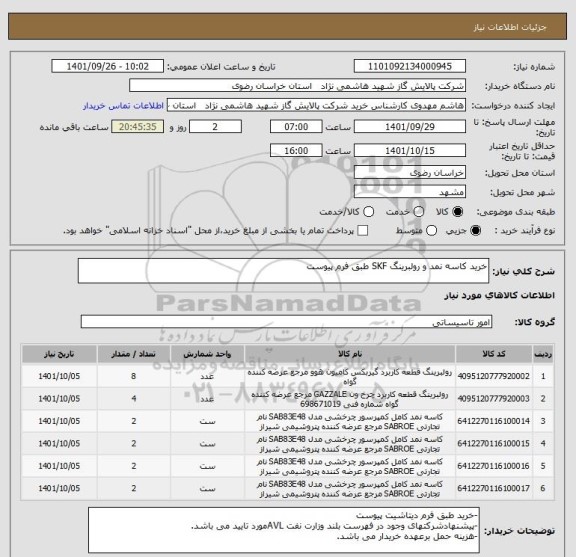استعلام خرید کاسه نمد و رولبرینگ SKF طبق فرم پیوست