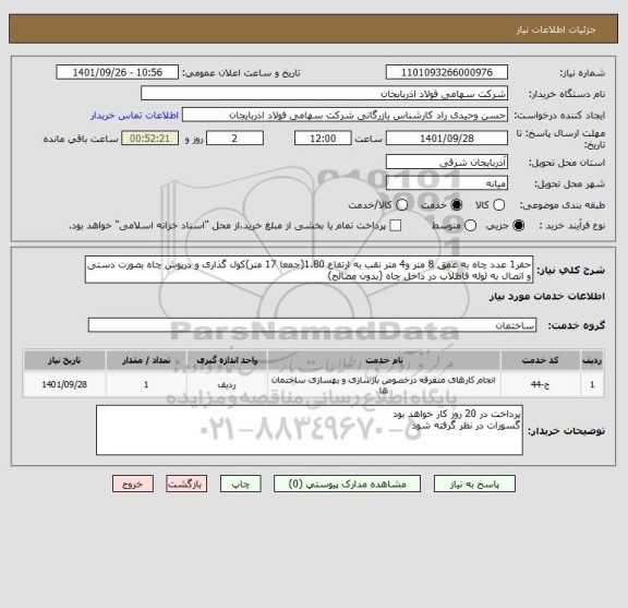 استعلام حفر1 عدد چاه به عمق 8 متر و4 متر نقب به ارتفاع 1.80(جمعا 17 متر)کول گذاری و درپوش چاه بصورت دستی و اتصال به لوله فاظلاب در داخل چاه (بدون مصالح)