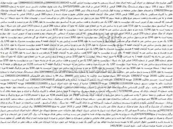 آگهی مزایده موازی 20/11 سهم از 100 سهم سهام ششدانگ پلاک 1968 فرعی از 1410 اصلی