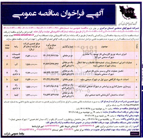 مناقصه عمومی اجرای شبکه توزیع گازرسانی فاز توسعه 200 هکتاری... 