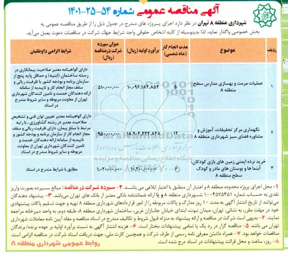 مناقصه عملیات مرمت و بهسازی مدارس ..