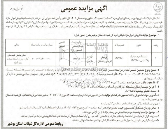 مزایده ششدانگ عرصه و اعیان پلاک ثبتی 1387/681  - نوبت دوم