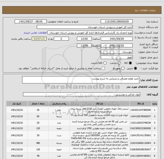 استعلام خرید لوازم مصرفی و پذیرایی به شرح پیوست