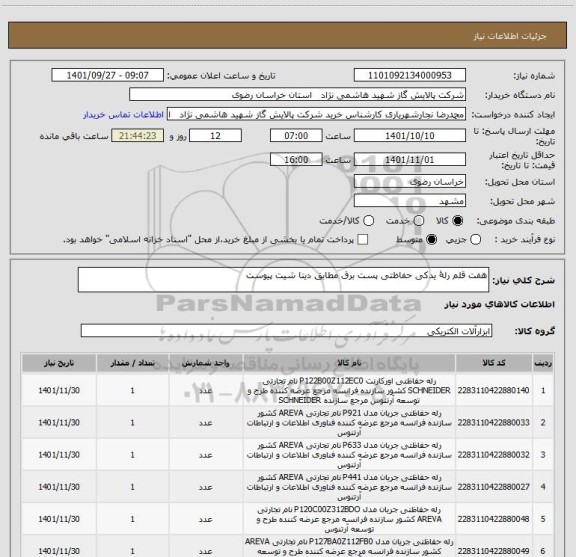 استعلام هفت قلم رلۀ یدکی حفاظتی پست برق مطابق دیتا شیت پیوست