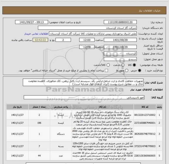 استعلام تجهیزات حفاظت کاتدی و ارت شامل:ترانس ،آند ،سیستم ارت ،کابل زرهی، کک متالورژی، کاهنده مقاومت خاک و ... مطابق شرح پیوست (ایران کدهای فوق مشابه است )