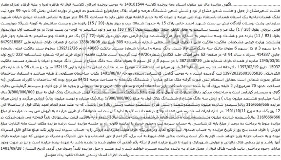 مزایده ششدانگ عرصه و اعیان پلاک چهارهزارو ششصدو ده فرعی از دوازده اصلی بخش 03 ناحیه 99 