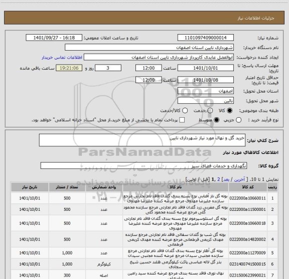 استعلام خرید گل و نهال مورد نیاز شهرداری نایین