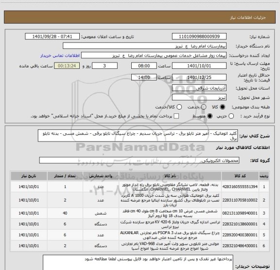 استعلام کلید اتوماتیک - آمپر متر تابلو برق - ترانس جریان سدیم - چراغ سیگنال تابلو برقی - شمش مسی - بدنه تابلو برق