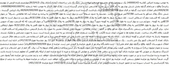 آگهی مزایده یک سهم مشاع از ده سهم عرصه و اعیان شش دانگ یک باب ساختمان (تجاری)دارای پلاک 915/415