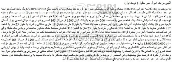 مزایده فروش شش دانگ یک قطعه زمین به مساحت 200 متر مربع با پلاک ثبتی 3205 فرعی از 165 اصلی