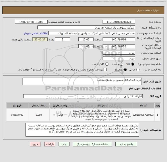 استعلام خرید هادی های مسی در مقاطع مختلف