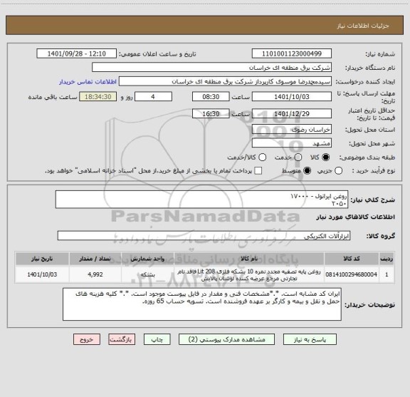 استعلام روغن ایرانول - ۱۷۰۰۰
۲۰۵۰