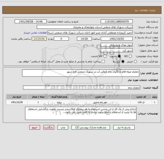 استعلام حفاری میله قائم و گالری چاه کمکی آب در شهرک صنعتی فرخ شهر