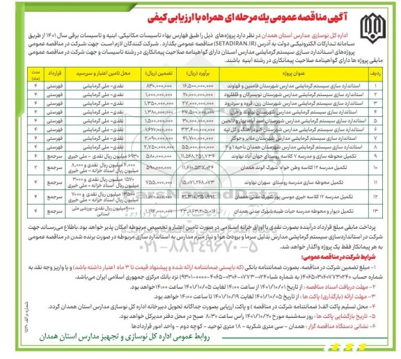 مناقصه استانداردسازی سیستم گرمایشی مدارس...