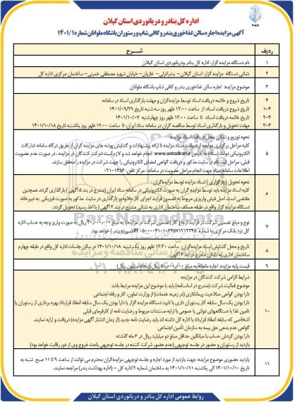 مزایده اجاره سالن غذاخوری بندر و کافی شاپ و رستوران باشگاه