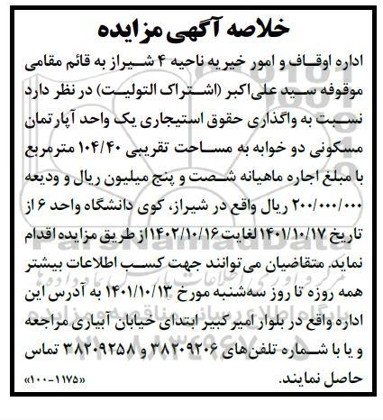 خلاصه اگهی مزایده واگذاری اپارتمان مسکونی