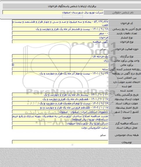 مناقصه, تجدید مناقصه اصلاح ساختار، نیرورسانی به متقاضیان ،بهینه سازی و رفع حریم شبکه های توزیع - برق منطقه۵