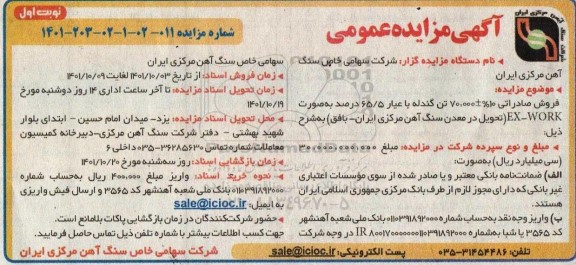 مزایده فروش صادراتی 10% +- 70.000 تن گندله با عیار 65/5 درصد