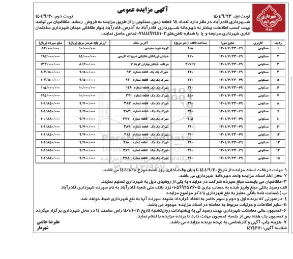 مزایده فروش تعداد 15 قطعه زمین مسکونی نوبت دوم 