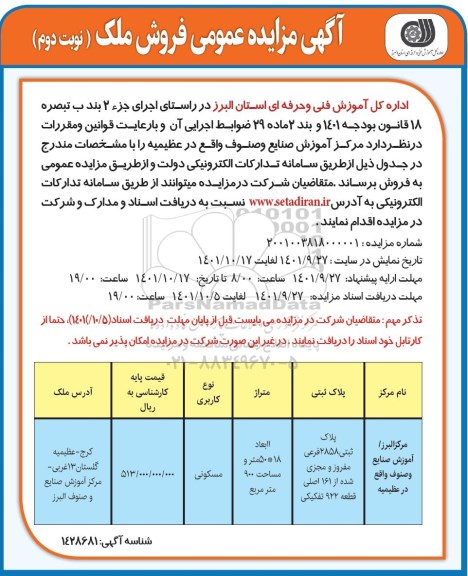 مزایده فروش ملک با کاربری مسکونی