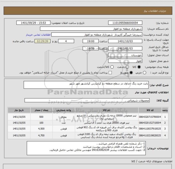 استعلام بابت خرید رنگ جداول در سطح منطقه دو کیانپارس کیانشهر مهر شهر