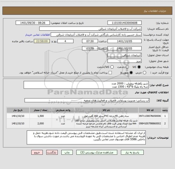 استعلام شیر یکطرفه پروپیلن : 2000 عدد
شه راه پلیکا 6*45 : 1500 عدد