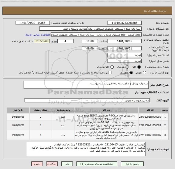 استعلام سه پایه پرتابل و دالی سه پایه طبق لیست پیوست