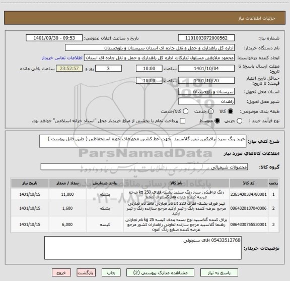 استعلام خرید رنگ سرد ترافیکی, تینر, گلاسبید  جهت خط کشی محورهای حوزه استحفاظی ( طبق فایل پیوست )