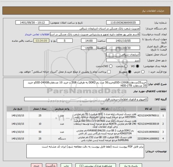 استعلام خرید25عددهاردSSD-120GBوخرید50 عدد رم DDR2 به ظرفیت 2GB و خرید 10 عددهاردSSD-240GBو خرید 25 عددهارد HDD-1TB