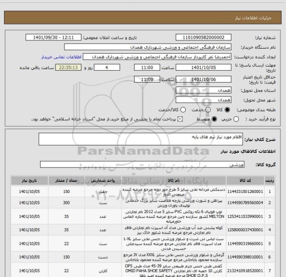استعلام اقلام مورد نیاز تیم های پایه