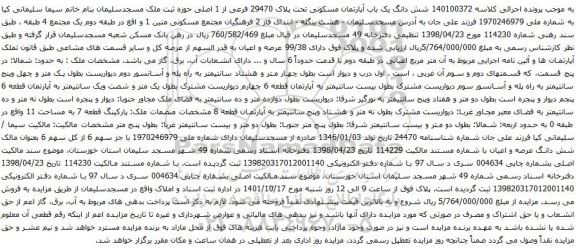 آگهی مزایده شش دانگ یک باب آپارتمان مسکونی تحت پلاک 29470 فرعی از 1 اصلی
