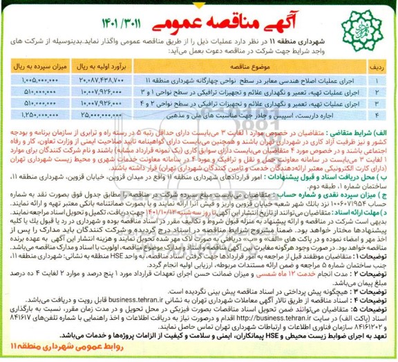 مناقصه اجرای عملیات اصلاح هندسی معابر در سطح نواحی چهارگانه ...