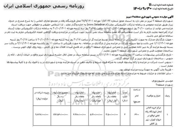 مزایده واگذاری محل فروشگاه رفاه در مجتمع تجاری