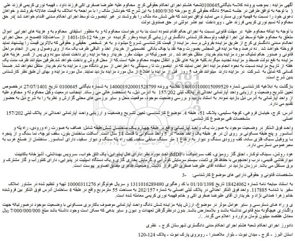 مزایده فروش شش دانگ واحد آپارتمانی موصوف باکاربری مسکونی