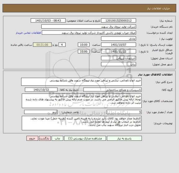 استعلام خرید انواع ناودانی، نبشی و تیرآهن مورد نیاز نیروگاه سهند وفق شرایط پیوستی