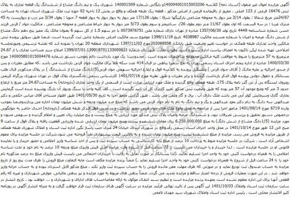آگهی مزایده یک و نیم دانگ مشاع از ششدانگ یک قطعه تجاری به پلاک ثبتی 16476 فرعی از 123 اصلی