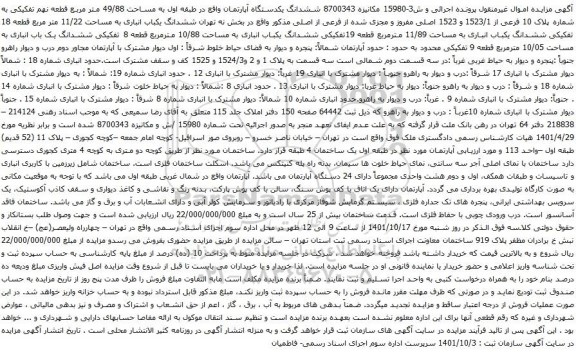 آگهی مزایده ششدانگ یکدستگاه آپارتمان