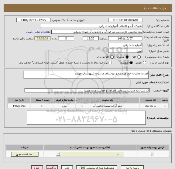 استعلام اجرای عملیات حفر چاه عمیق روستای مرادلوی شهرستان هوراند