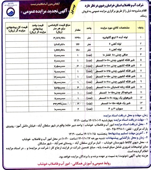 تجدید مزایده فروش اقلام...