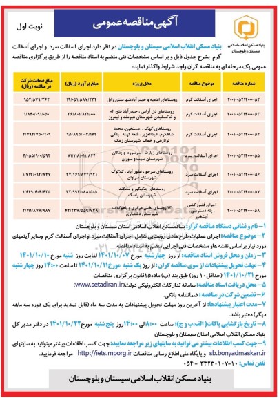 مناقصه اجرای آسفالت سرد و آسفالت گرم
