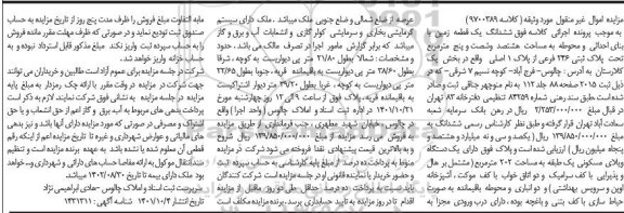 مزایده فروش ششدانگ یک قطعه زمین با بنای احداثی