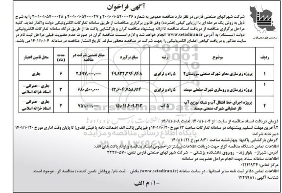 مناقصه پروژه زیرسازی معابر شهرک صنعتی  و...