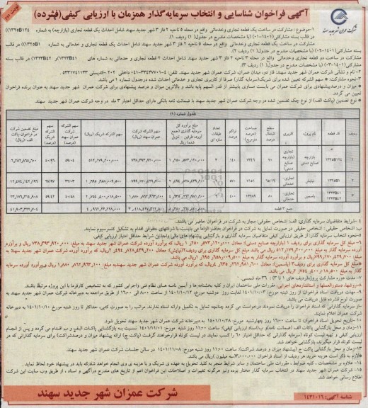 فراخوان شناسایی و  انتخاب سرمایه گذار جهت مشارکت در ساخت ... ـ نوبت دوم