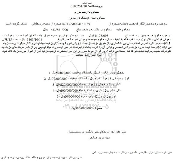 مزایده فروش 1-یخچال  فریزر الکترو استیل  یکدستگاه  و...