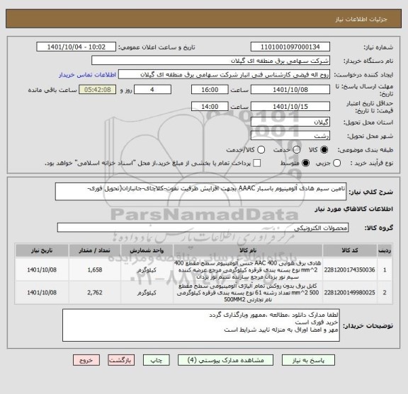 استعلام تامین سیم هادی آلومینیوم باسبار AAAC بجهت افزایش ظرفیت نفوت-کلاچای-جانبازان(تحویل فوری-