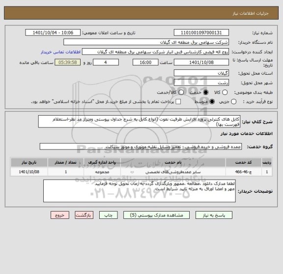 استعلام کابل های کنترلی پروژه افزایش ظرفیت نفوت (انواع کابل به شرح جداول پیوستی ومتراژ مد نظر-استعلام فهرست بها)